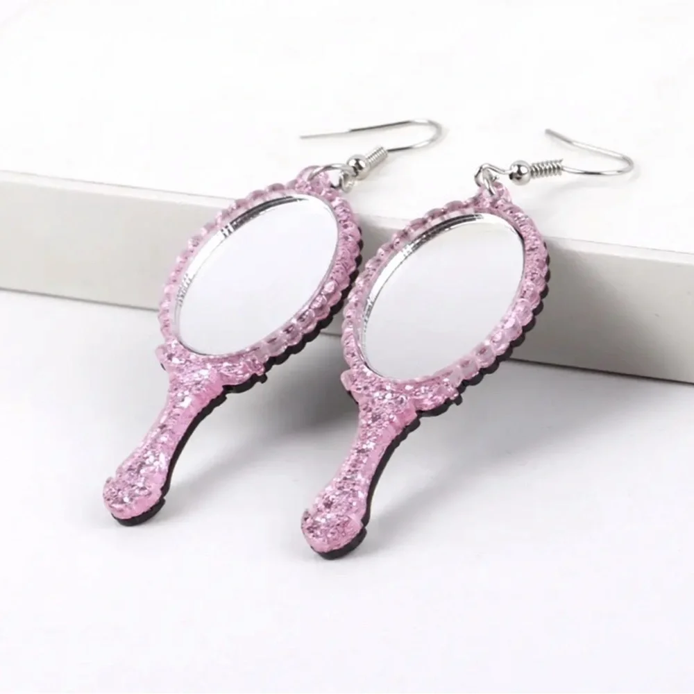 2/$30🌵 Vintage Style Pink Glitter Ornate Handheld Mirror Earrings Acrylic NEW